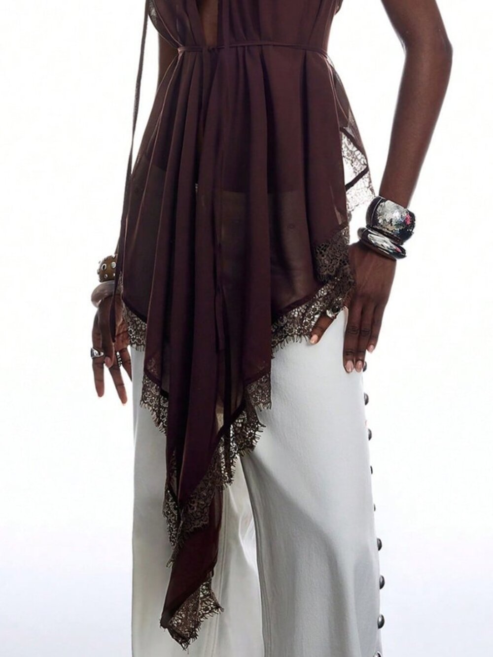 Brown Sexy Women's Minimalism Lace Tie Detail Asymmetrical Sheer Blouse - Picture 7 of 7
